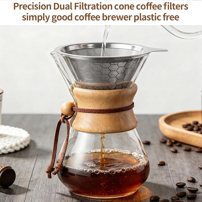 Pour Over Coffee Dripper, Reusable Stainless Steel | Compatible With Chemex, Compatible With Hario V60, Paperless, Coffee Maker Accessories
