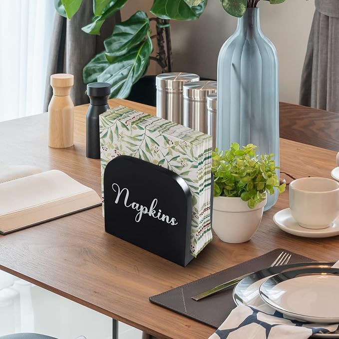 Black Napkin Holder for Table - ALELION Wooden Napkin Holders for Kitchen - Black Kitchen Decor and Accessories for Dining Room Table - Wood Napkin Dispenser