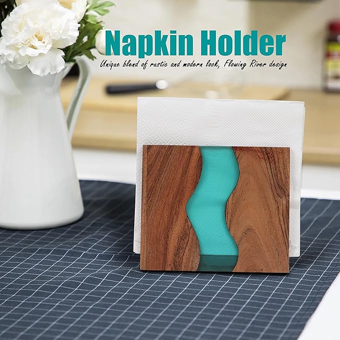 Acacia wood & Transparent Epoxy resin Napkin holder for table, Rustic farmhouse napkin organisation for kitchen, dining, counter tops, restaurant or outdoors | 6x5x2.5 inches| Turquoise
