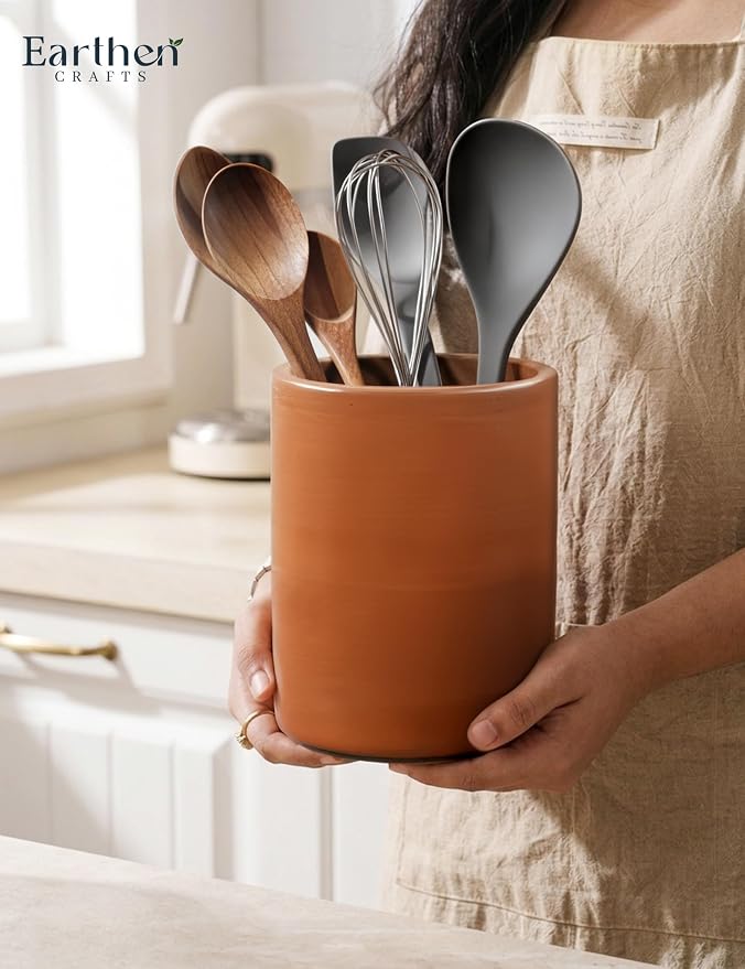 Terracotta Kitchen Utensil Holder 6.5 Inch Handmade Natural Clay Utensil Crock for Countertop, Spatula, Spoon & Cutlery Organizer, Farmhouse Kitchen Decor & Storage Container