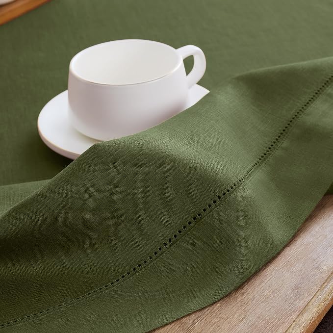 Solino Home Linen Olive Table Runner 72 Inches Long - 100% Pure Linen Hemstitch Table Runner 14 x 72 Inch for Dresser, Dining - Classic Hemstitch