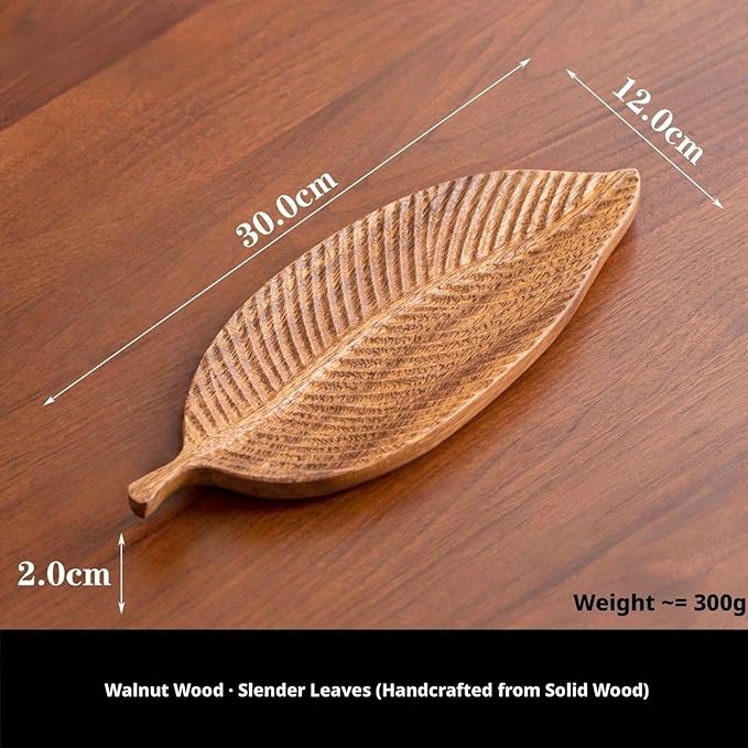 Walnut Wood Fruit Tray, Handmade Chinese Style Snack Serving Plate, Solid Wood Tea Dessert Tray for Dim Sum, Vintage Walnut Platter, Gift (Thin Tree Leaves)