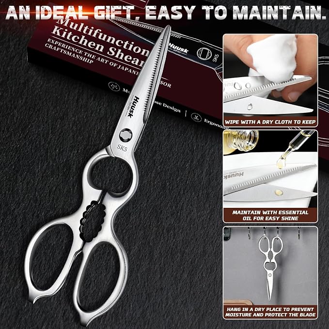 Huusk Kitchen Scissors All Purpose - Christmas Gift for Men and Women - Silver Kitchen Shears for Vegetables and Meat - Detachable Scissors for Thorough Cleaning