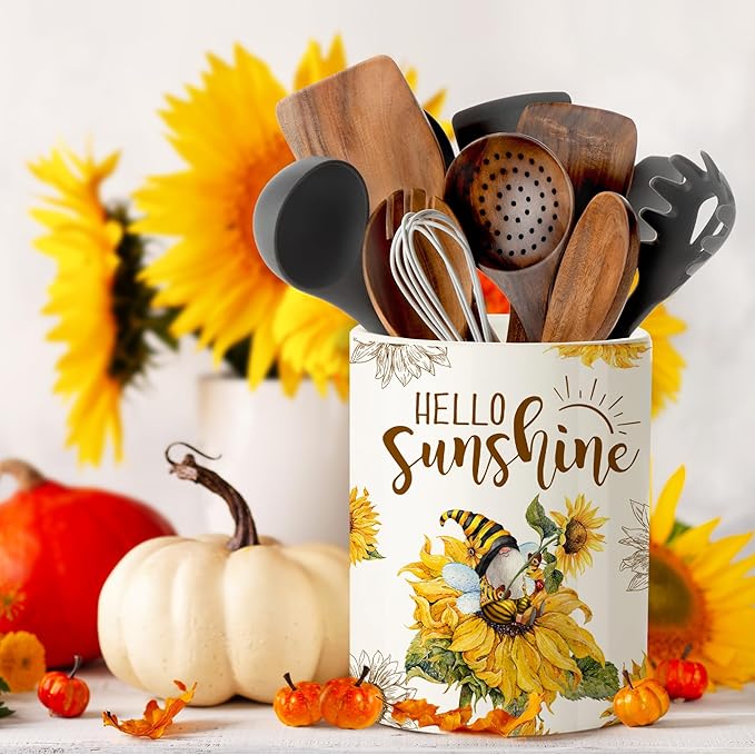 pinata Sunflower Kitchen Decor Ceramic Utensil Holder, Cute Utensil Crock, Sunflower Kitchen Utensils for Farmhouse Indoor Gnomes Decorations for Home (6.3inch)
