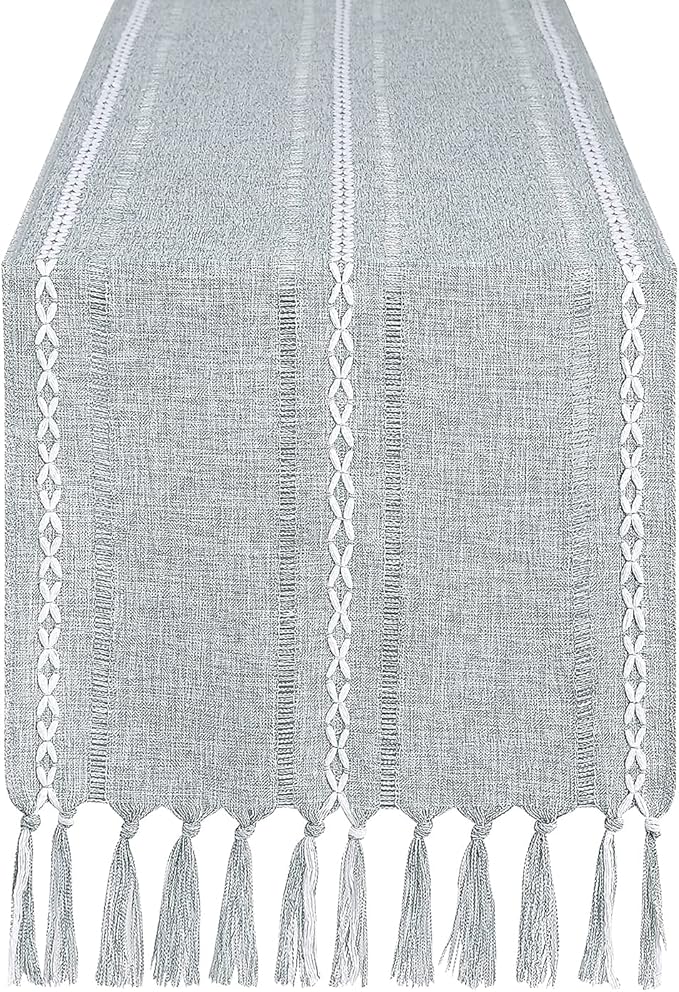 Rustic Farmhouse Style Linen Table Runner, Boho Handmade Tassel Hemstitched Embroidery Table Runners 72 Inches Long for Holiday Party, Dresser and Dining Decorations, 13 x 72 inch - Light Grey