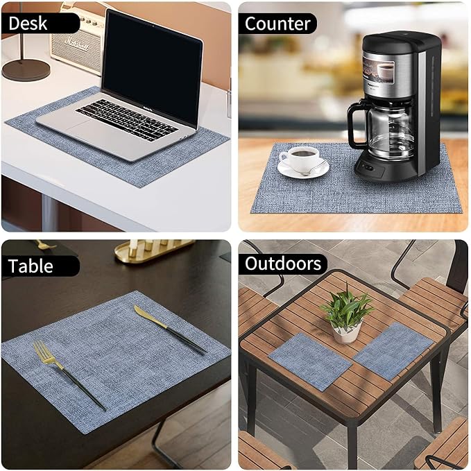 homing Faux Leather Heat Resistant Placemats 4 Packs, Waterproof Wipeable Dining PU Place Mats for Indoor & Outdoor, Easy to Clean, Denim Blue