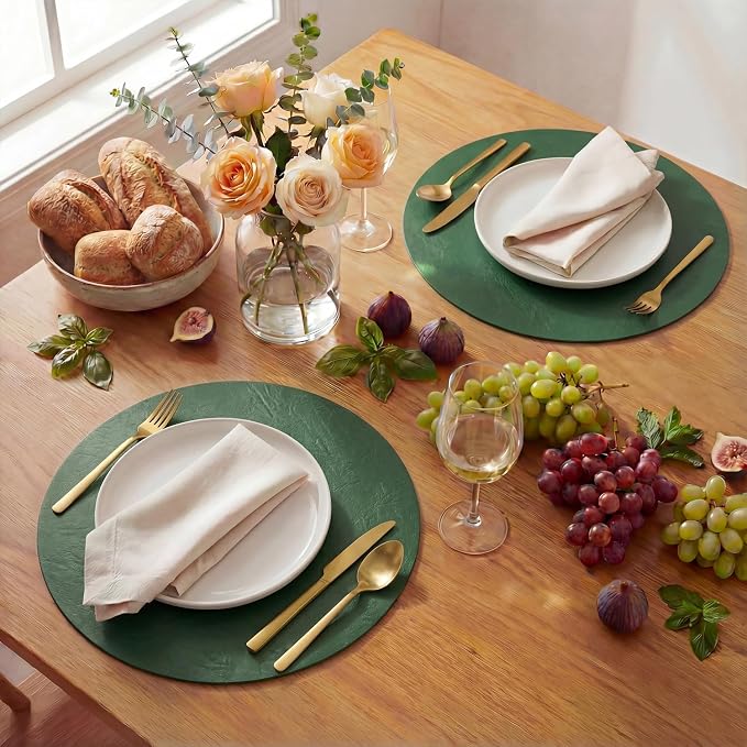 Artoid Mode Green Faux Leather Placemats Set of 4, 15 Inch Waterproof Wipeable Heat Resistant Vinyl Place Mats, Reversible Table Mats for St. Patrick's Day Dining Decor