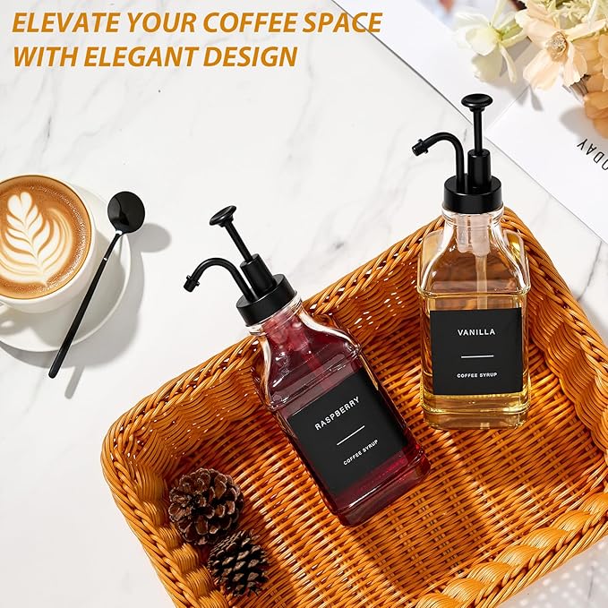 Coffee Syrup Dispenser for Bar, Glass Syrup Bottle with Pump, Coffee Pump Dispenser Bottle with Tray, Spoon for Station,16.9 oz, Black, 500 ml