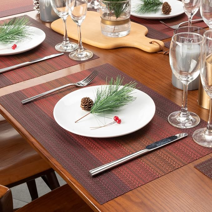 Winknowl Placemats Set of 8, Washable Vinyl Woven Placemats, Heat Resistant & Wipeable Table Mats for Kitchen Dining Table (Red)