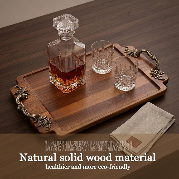 Vintage Coffee Table Decor Wooden Serving Tray, Home Decorative Wood Vanity Tray for Bathroom Kitchen Bedroom