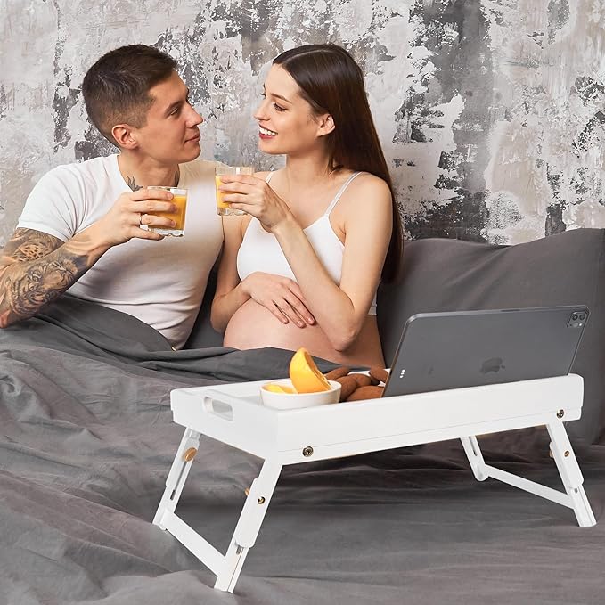 Greenual 2 Pack Bed Tray Table with Handles Folding Legs, Bamboo Breakfast Food Tray with Media Slot, Use As Platter, Laptop Desk, Snack, TV Tray Kitchen Serving Tray(White)