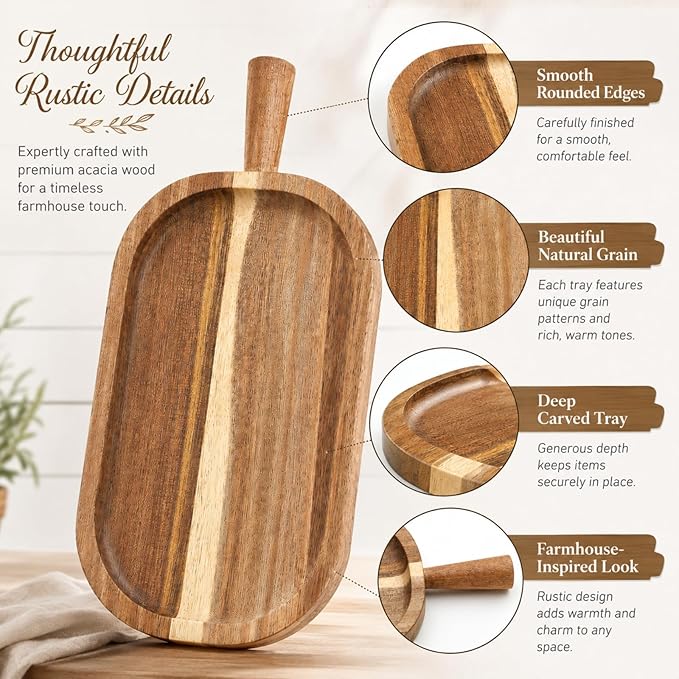 Acacia Wood Serving Board with Raised Tapered Handle, Small Charcuterie Board for Two, Rectangular Cheese Tray for Snacks, Fruit, Meat, Bread, Appetizer, Mom Gift(12''l X 5.75''w X 1''d)