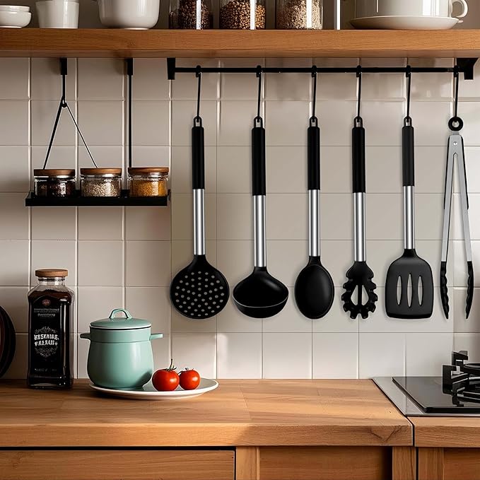 LIANYU Kitchen Utensils Set of 6, Silicone Cooking Utensils Set for Nonstick Cookware, Heat Resistant Kitchen Spatula Gadgets Tools, Stainless Steel Handle, Black