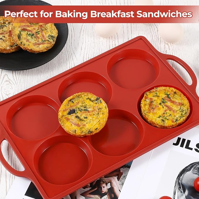 CAKETIME Jumbo Silicone Muffin Top Pan with Metal Frame, 4 Inch Non Stick Round Egg Baking Pan for Oven English Muffins, Whoopie Pies, Corn Bread, Egg Bites, Breakfast Sandwiches Tarts 2 Pack Brown