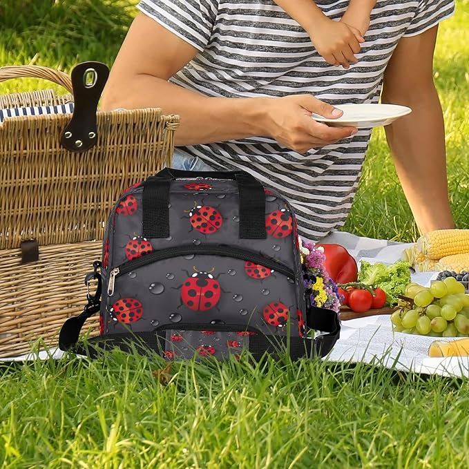 Pardick Funny Animal Ladybug Insulated Lunch Bag with Detachable Shoulder Strap Tote Bag for Women Men Adult Reusable Containers Organizer Thermal Cooler Bag for School Work Travel Lunch Box