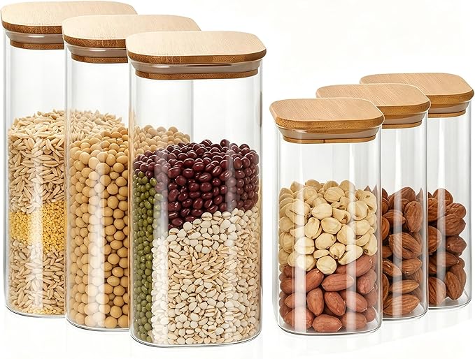 68 ounces (set of 3) and 32 ounces (set of 3), transparent glass containers with airtight bamboo lids — ideal for storing overnight oats, coffee, spices, candies, flour, etc.,