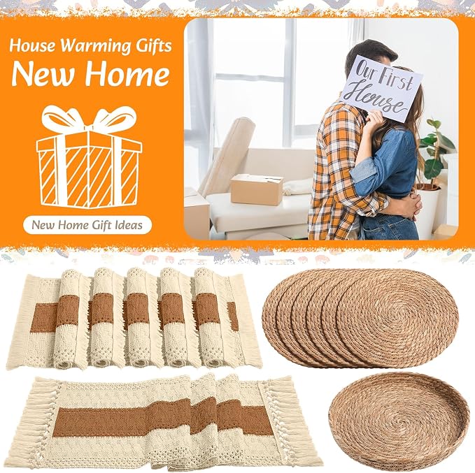 Boho Placemats 4/6/8 Set of Round Woven Placemat Macrame Style Bicolor Stitching Long Table Runner Farmhouse Rustic Natural Burlap Cotton for Kitchen Dining Table(6 Sets,Caramel Color,12x72)