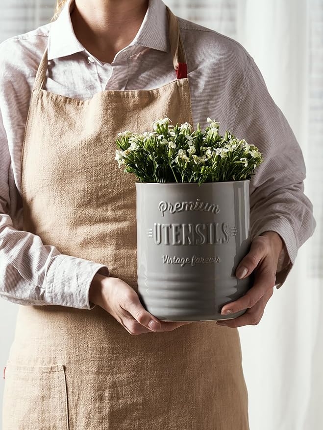 DOWAN 7.2″ Extra Large Kitchen Utensil Holder - Farmhouse Utensil Holder for Countertop - Ceramic Utensil Crock with Protection Cork Mat - Kitchen Decor & Housewarming Gift (Grey)