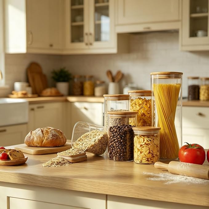 VIEWELLD 2.2 Qt Square Glass Storage Containers with Lids, Clear Food Storage Container Jar with Sealing Bamboo Lid Storage Containers for Pasta, Oats, Coffee, Flour, Sugar, Square Set-3Pack