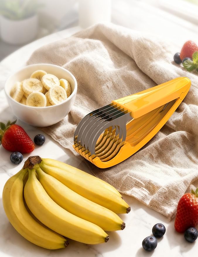 FireKylin Banana Slicer,ABS + Stainless Steel Fruit and Vegetable Salad Peeler Cutter Kitchen Tools For Banana,Strawberry,Grape(1 pcs)