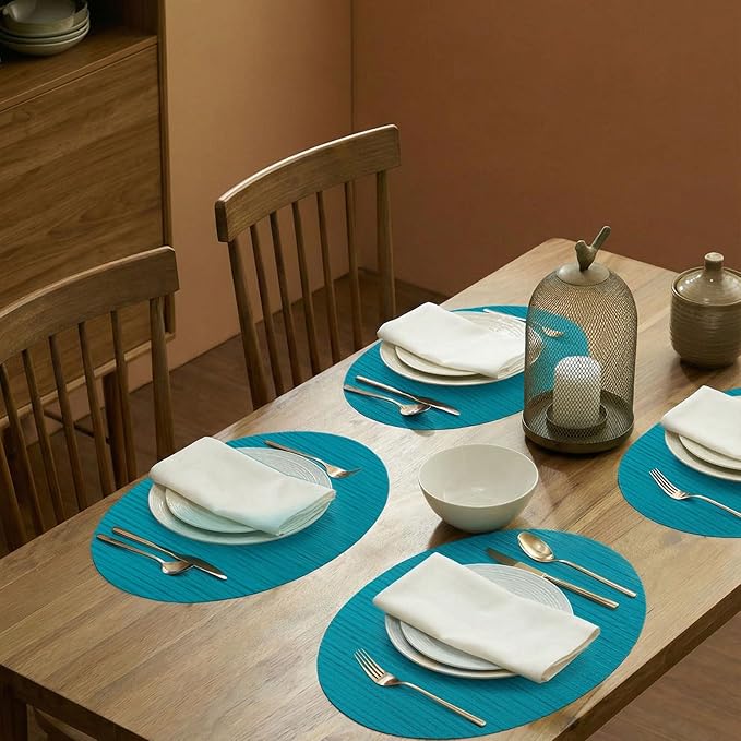 AHHFSMEI Oval Placemats Set of 6 Woven Vinyl Non-Slip Heat Resistant Stain Resistant Easy Clean Place mats for Dining Table(Turquoise)