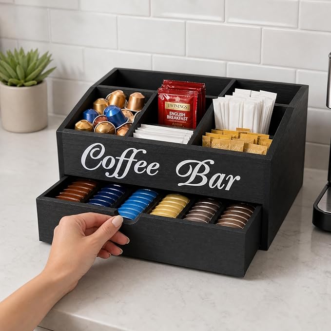 Coffee Station Organizer - Double Layer with Drawers, Country Style Coffee Bar Organizer, Farmhouse Coffee Capsule Storage Basket, Natural Solid Wood Material(Black Double Layer)