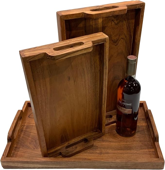 Set of 3 Acacia Wood Hors D'oeuvres Serving Trays with Side Handles– Perfect for Ottoman, Breakfast in Bed, Dinner, Coffee Table, Living Room, Bedroom, Entryway, and Kitchen