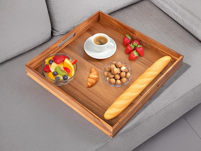 Serving Tray with Handles, 20 Inch Large Square Ottoman Tray Acacia Wood Decorative Tray for Living Room, Ottoman Coffee Table, Kitchen, Appetizers, Breakfast, Patio, Party