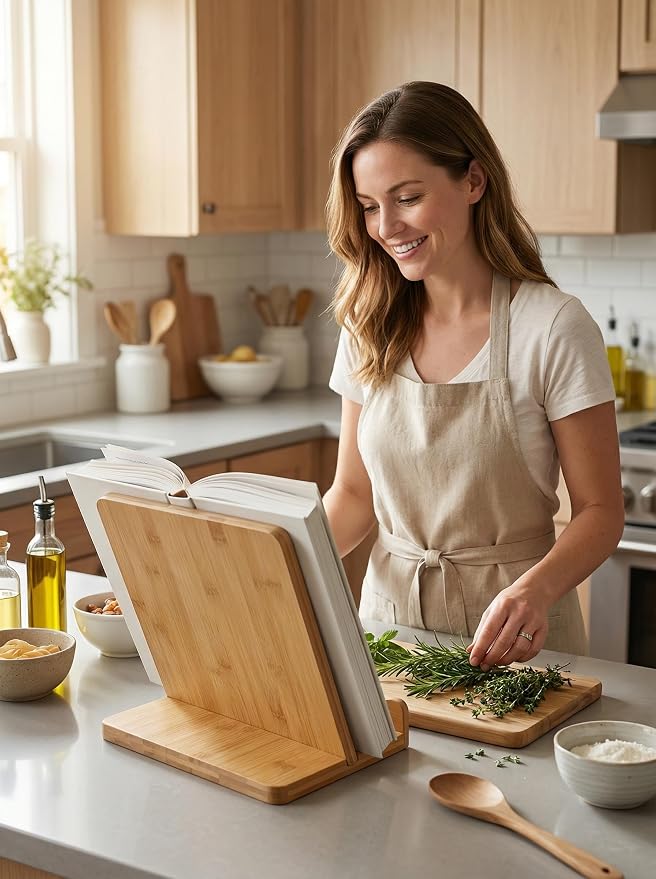 Bamboo Wood Cookbook Stand for Kitchen Counter, Detachable Serving Tray | 2-in-1 Recipe Stand & Serving Tray, Holds 11.8" Cookbooks & 3" Thick Books/Tablets, Bamboo Wood, Detachable for Easy Storage