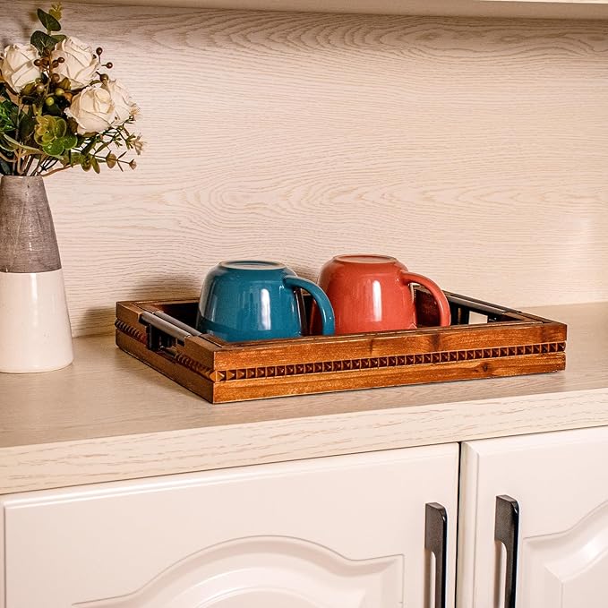 Wooden Set of 2 Serving Trays with Metal Handles Vintage Ottoman Tray 15 X 11 Wooden Retro Decorative Trays with Geometric Beads for Dinner & Home Decor (2paxk)