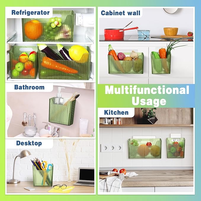 SiliFine 8 Pcs Storage Organizer Bins Wall Mounted Organizer Basket Plastic Cabinet Door Bins Stackable Hanging Baskets for Organizing for Wall Refrigerator Kitchen Bathroom Pantry(3.94'',Green)