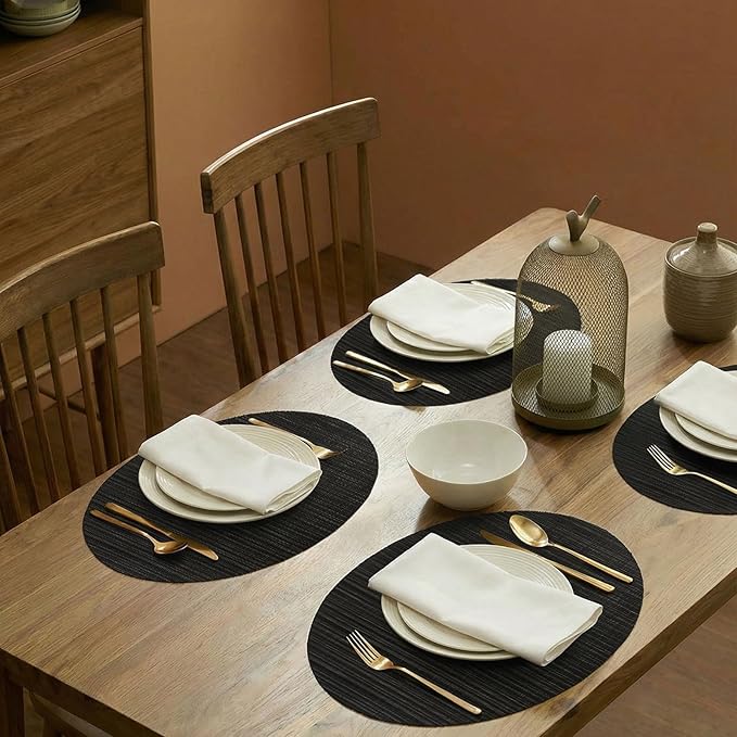 AHHFSMEI Oval Placemats Set of 6 Woven Vinyl Non-Slip Heat Resistant Stain Resistant Easy Clean Place mats for Dining Table(Black)
