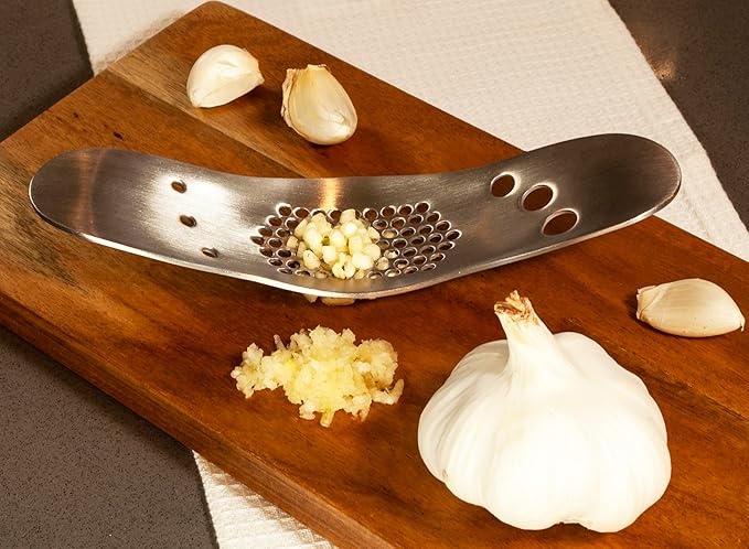 KB KITCHEN BASICS Stainless Steel Garlic Crusher with Herb Stripper - Versatile Kitchen Tool, Honeycomb Design, Multi-Functional Sides, Dishwasher-Safe & Easy Cleanup - Multi-Purpose Cooking Utensils