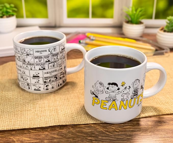 Peanuts Comic Panels 2-Piece Ceramic Stackable Mug Set | Coffee Cups For Beverages | Each Holds 13 Ounces