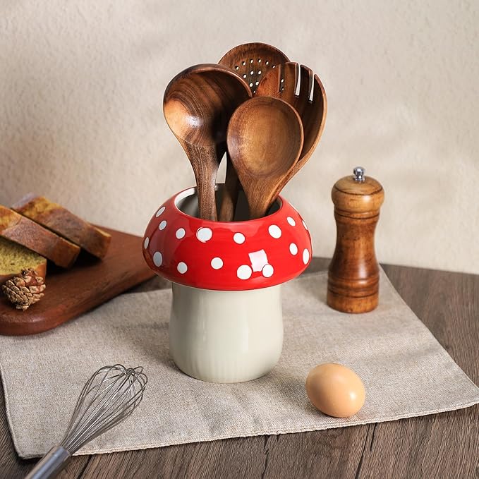 Mushroom Shaped Ceramic Kitchen Utensil Holder, Large Cooking Utensil Crocks for Kitchen Countertop, Ceramic Utensil Organizer for Spatula, Kitchen, Home Decoration-Red