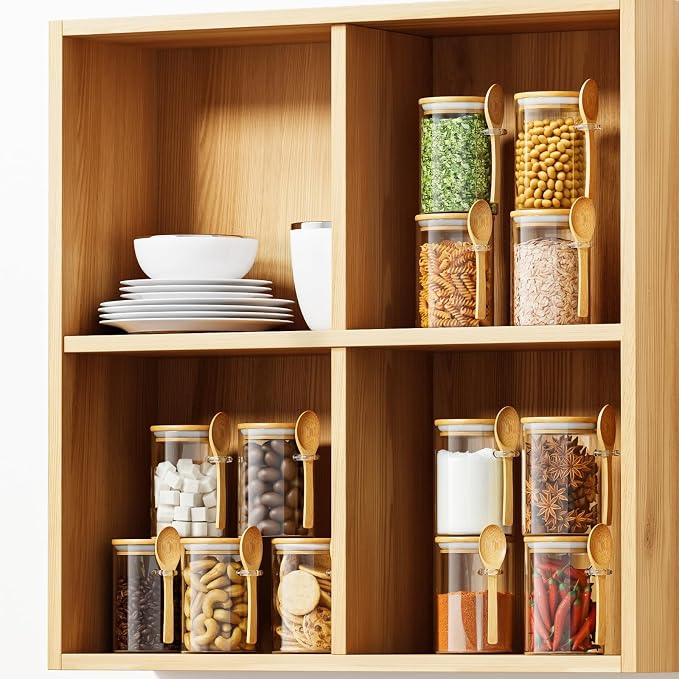 Glass Sugar Container with Spoon - 1 Pack 15oz Glass Jars with Bamboo Lid and Spoon, Bamboo Lid Storage Jar Containers for Coffee Beans, Spice, Brown Sugar, Tea, Flour, Nuts, Candy, Salts and More