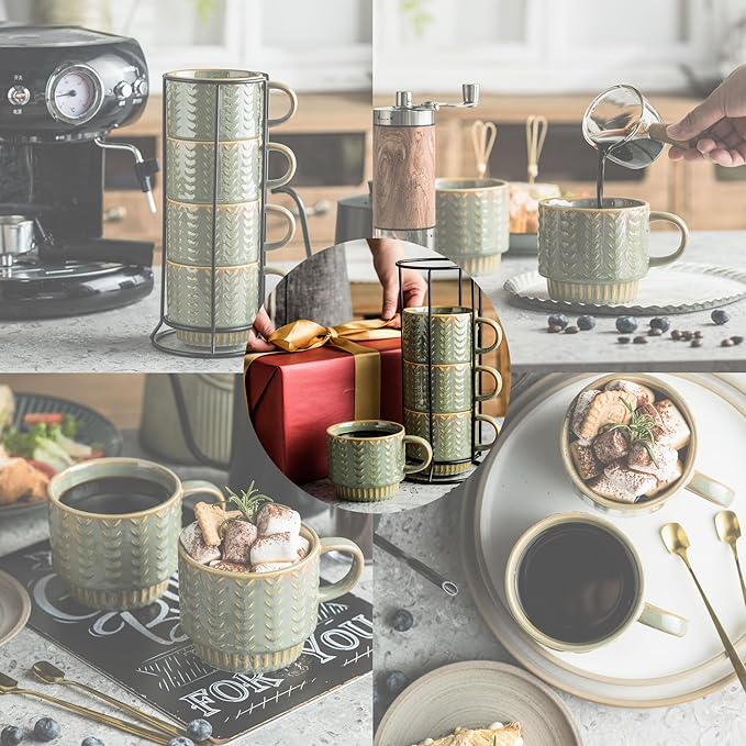Miamolo Coffee Mugs Set of 4 with Spoons & Rack, Stackable Espresso Cups 13oz Coffee Mug for Drinks Latte Cappuccino Tea, Turkish Coffee Cup for Housewarming Wedding Gift, Dishwasher Safe
