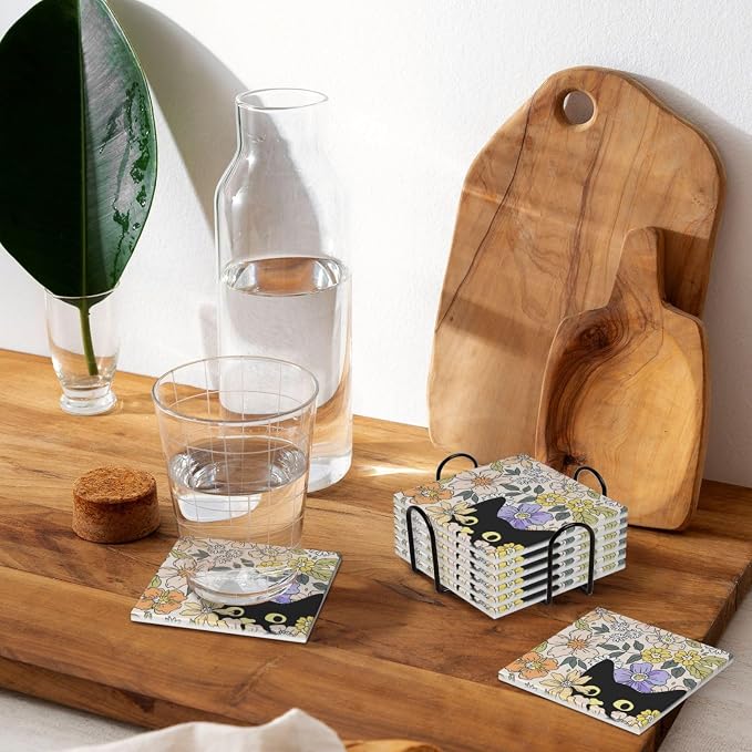 Black Cute Cat Square Ceramic Coasters Set of 6 Pack, Unique Fun Boho Watercolor Floral Flowers Stone Drink Coaster with Cup Holder Anti-Scratc Cork Backing Bar Kitchen Home Housewarming Gift