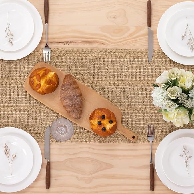 Niviy Burlap Boho Table Runner for Summer Home Decor 36 Inches Long, Easter Modern Farmhouse Decor Rustic Small Macrame Woven Coffee Table Runners for Fall Dining Table Decoration, Burlap Brown