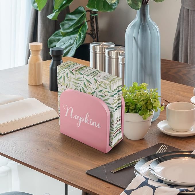 ALELION Pink Napkin Holder for Table - Wooden Napkin Holders for Kitchen - Pink Kitchen Decor and Accessories for Dining Room Table - Wood Napkin Dispenser