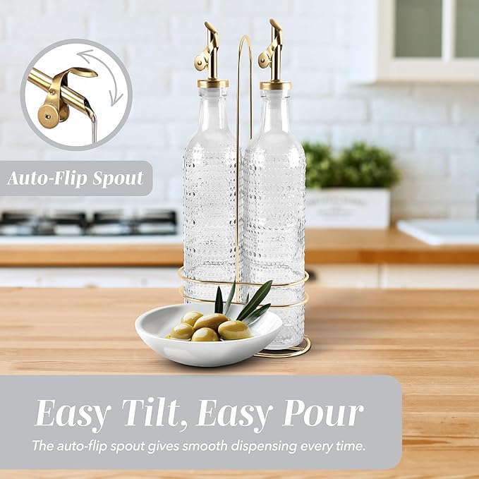 COOK WITH COLOR Glass Olive Oil Bottle Dispenser - 2 Pack- 17oz Oil and Vinegar Cruet - Olive Oil Carafe Decanter for Kitchen, Champagne Bubbles, Clear