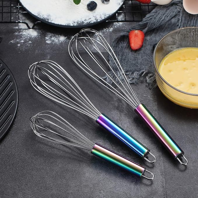 Berglander Rainbow Handle Whisk Pack of 3 Stainless Steel 8",10",12", Titianium Plating Colorful Handle Whisks for Cooking, Beater,Wire Whisk Set Kitchen Wisk (Rainbow Handle)
