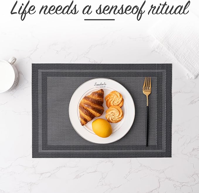 CADONO Placemats Set of 6 Washable Indoor/Outdoor Vinyl Place Mats for Dining Table Durable Non-Slip Heat Resistant PVC Weave Table Mats(Simple Style-Black)