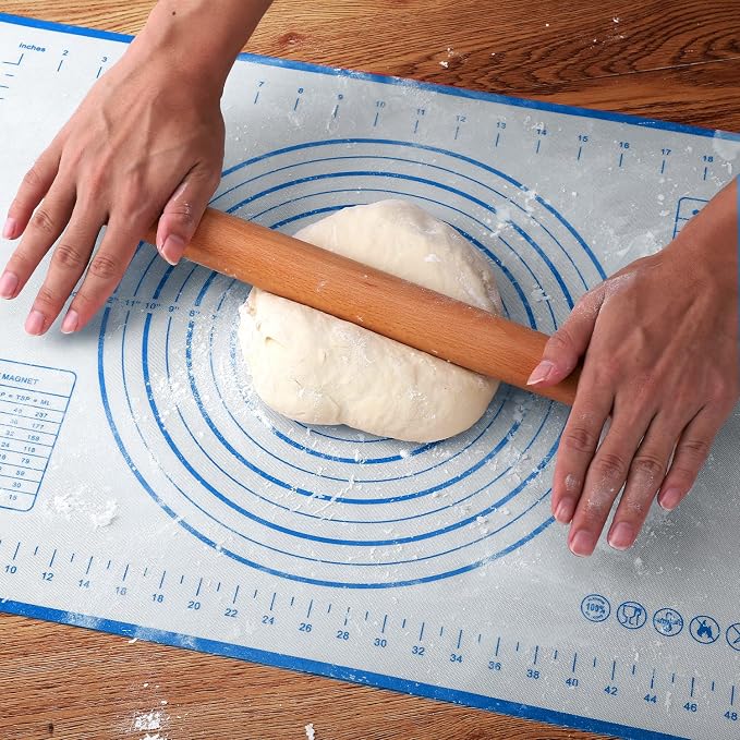 Wood French Rolling Pin for Baking, QUELLANCE Wooden Dough Roller with Silicone Baking Mat, Beech Wood Rolling Pins for Baking Dough, Pizza, Pie, Pastries, Pasta and Cookies,Blue Pastry Mat