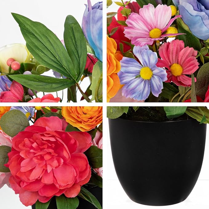 Briful Artificial Peonies Flower in Modern Black Pot, Farmhouse Table Floral Arrangements, Fake Spring Flower Centerpieces with Rose&Berries for Home Indoor Office Living Room Kitchen Decor