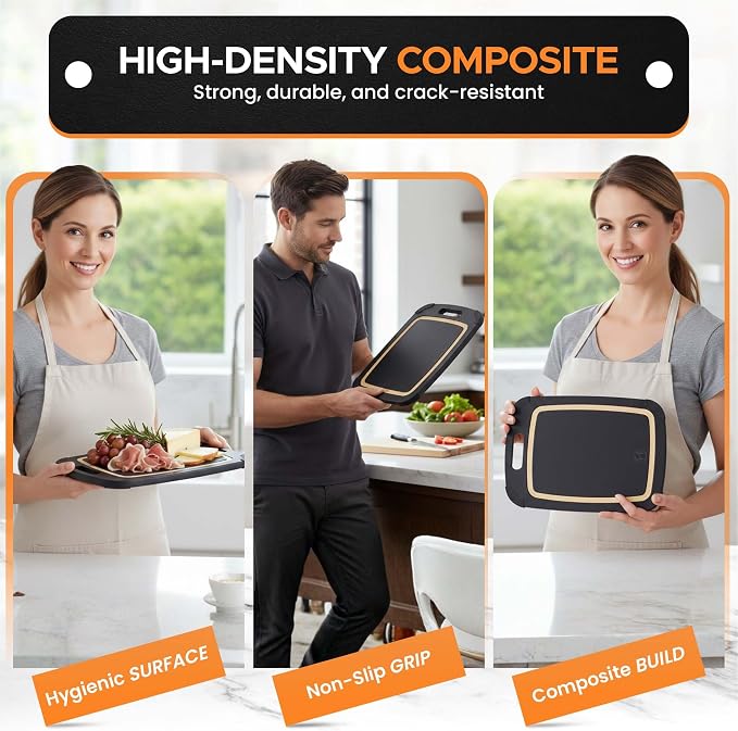 Earth's Dreams Composite Wood Cutting Board Set of 3 – Built In Juice Groove, Non-Toxic Cutting Boards for Kitchen – Large, Medium & Small Non-Slip Wood Charcuterie & Chopping Boards (Black/Tan)