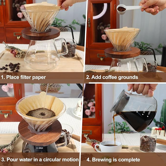 Pour Over Coffee Maker 13.5oz Portable Glass Coffee Maker High Borosilicate Glass Eagle Beak Spout Design with 50 Pcs Filter Paper Walnut Wood Base for Pour Over for Daily Brewing 400ml