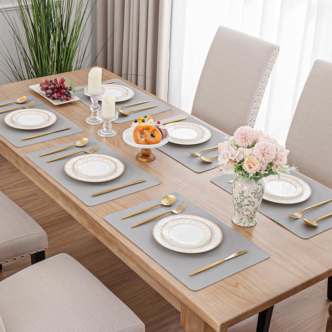 SHACOS Placemats Set of 6 Faux Leather Waterproof Leakproof Wipeable PU Non-Slip Vinyl Place Mats Heat Resistant Table Mats for Kitchen Dining Table Indoor Outdoor, Grey