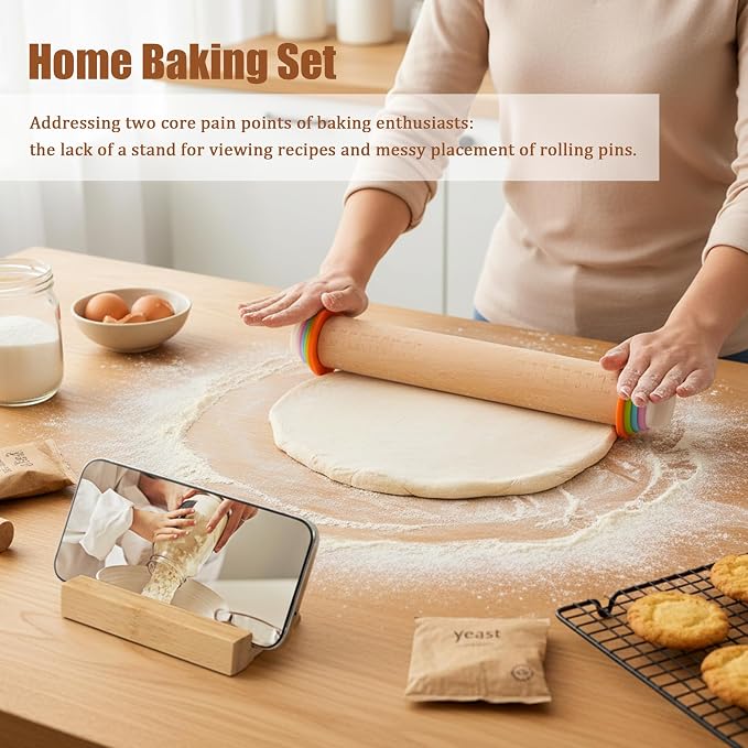 Adjustable Rolling Pin with Thickness Rings - 14 INCH Wood Dough Roller for Perfect Baking, Fondant & Cookies Ideal Rolling Pin for Dough & Cookie Decorating Supplies