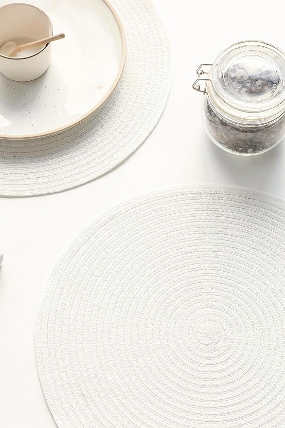 Floroom 15 Inch Round Braided Placemats Set of 4, Washable Heat Resistant Cotton Polyester Circle Place Mats for Kitchen Dining Table - White